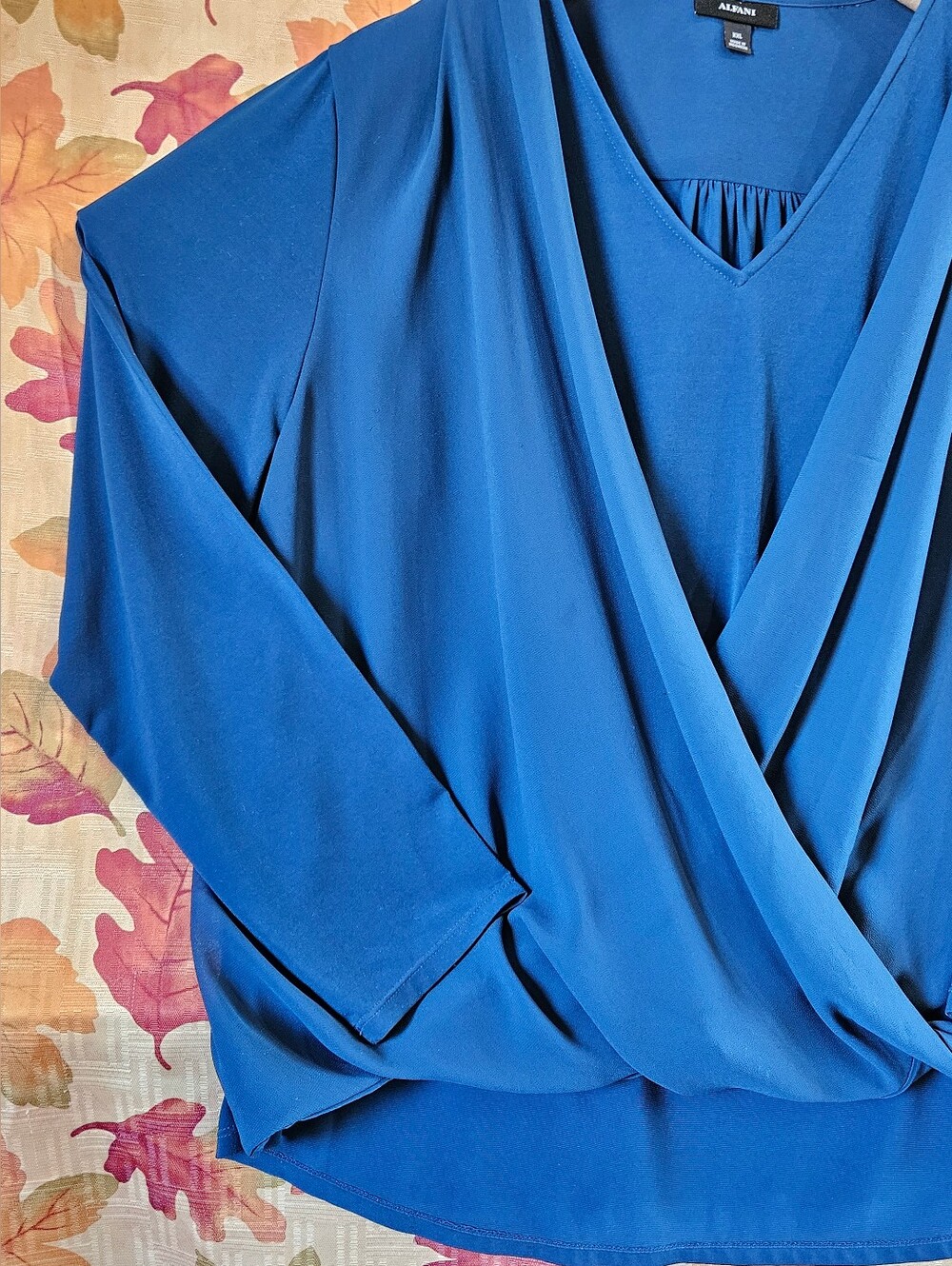 Alfani XXL Cobalt Blue Long Sleeve Draped V-Neck Top, Faux Wrap Elegant Blouse - Picture 4 of 7